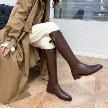 Жени с нисък ток коляно високи ботуши есен зима нов дизайн мека кожа рицар ботуши мода кръг пръсти топло botas botas де mujer