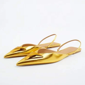 Жените летни апартаменти златни сандали заострени пръсти прашка луксозен дизайн реплика Bling кожа Sandles дама злато сватбени обувки