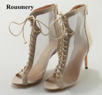 Жените нова мода Rousmery отворени пръсти дантела нагоре окото глезена ботуши изрязани висок ток къси голи ботуши висококачествени обувки