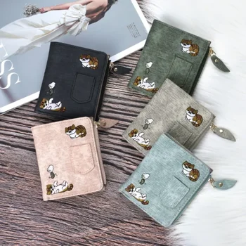 Западен стил бродерия котка жени къс портфейл цип монета чантата кратко дамски портфейл Kawaii мини карти притежателя за момичета