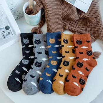 Зимни есенни дамски чорапи случайни карикатура котки модел дебел топъл чорап сладък животни дизайн Sox за момичета 5 чифта