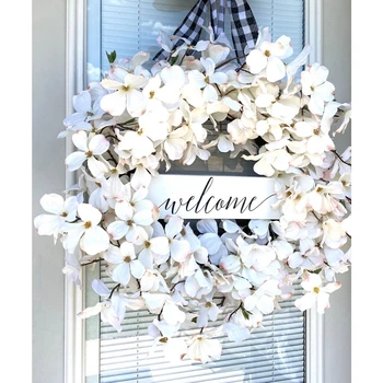 Изкуствен цветен венец за входна врата бял дрян Добре дошли венец за сватба, стена, прозорец, домашен декор