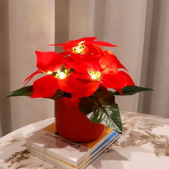 Изкуствена коледна звезда растение с LED светлини Батерия захранва маса договорености букети за сватба декорация на дома