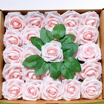 Изкуствени цветя 25бр Истински изглеждаща пяна роза със стъбла за DIY сватбени букети Булчински душ парти маси Декорации за дома