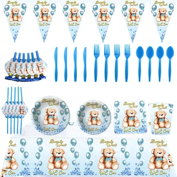 карикатура син балон плюшено мече тема рожден ден парти декорация еднократна прибори за хранене набор фон бебе душ момиче дете подарък