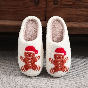 Коледа прекрасна плюшени чехли Дамски зимни топли сладки джинджифилови мъжки домашни чехли Смешни чехли Обувки без хлъзгане