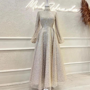 Леки шампански пайети Вечерни рокли Искрящи мъниста високо деколте A-Line дълъг ръкав принцеса арабски абитуриентски парти рокли 2024