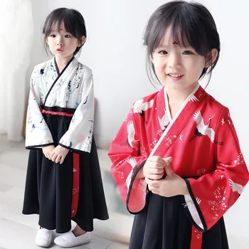 Малко момиче бебе кран печат халат набор японски момиче рокля кимоно костюм дете флорални бродерия върховете пола деца юката дрехи