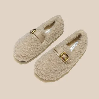 Марка дамски обувки за продажба на памучни обувки плоски обувки жените носят зимни прости и топли кашмирени плоски ретро ежедневни бобени обувки