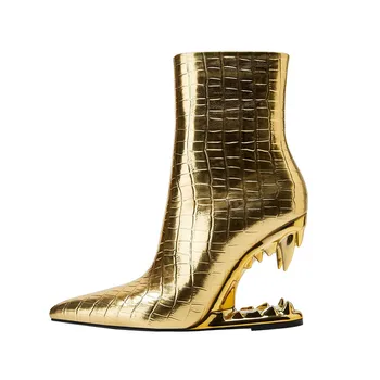 Мода есен и зима нови заострени пръсти форма тигрови зъби петата дамски обувки страна цип злато камък проверка къси ботуши