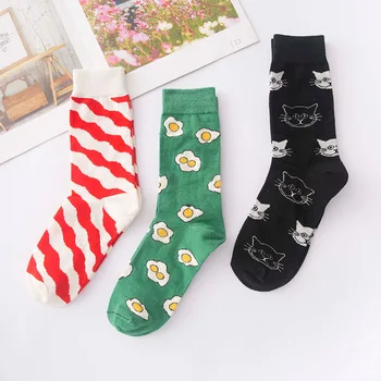Мода плюс размер жени сладък чорапи памук с поширано яйце котка ивици улично облекло смешно чорапи есен зима жени Meias 421