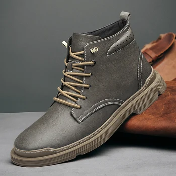 Мъжки боти Есен и зима ежедневни Бизнес кожени ботуши Мода Британски анти хлъзгане на открито работни ботуши Топли плюшени памучни обувки