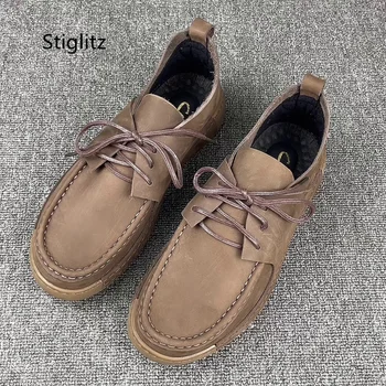 Мъжки британски стил матирано кожени обувки Ежедневни обувки на борда Външни обувки за безопасност на работното място за мъжки устойчиви на износване ретро мъжки обувки