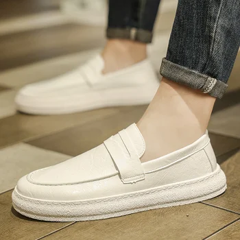 Мъжки ежедневни обувки естествена кожа мода британски стил Пени мокасини мъжки подхлъзване бял мек едноличен открит апартаменти шофиране обувки