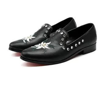 Мъжки обувки черни Слип-он парти офис обувки 2018 Нови естествена кожа мъже Оксфорд обувки нитове шипове бродерия Ежедневни Бизнес