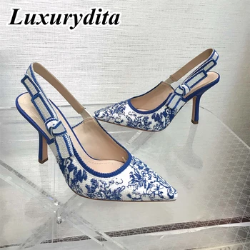 Най-високо качество луксозни дамски сандал случайни дантела плоска мода бродирани Мюлер обувки дизайнер коприна кожа подметка висок ток XY009