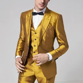 Най-новите златни сатенени мъжки костюми 2023 Slim Fit Prom Party Stage Groom Wedding Tuxedo Ternos мъжки костюм 3 части (Blazer + Vest + Pants)
