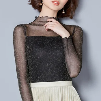 Нова корейска мода отвесни върхове ярка коприна дълъг ръкав дънна риза есен зима жени тениска