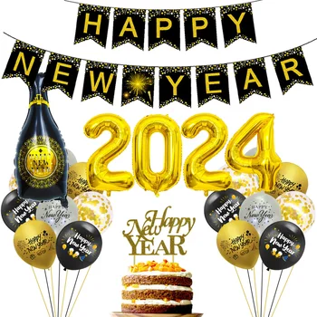 Новогодишен парти декор 2024 с Честита Нова Година Фон Балони с бутилка вино за Честита Нова Година Декорации
