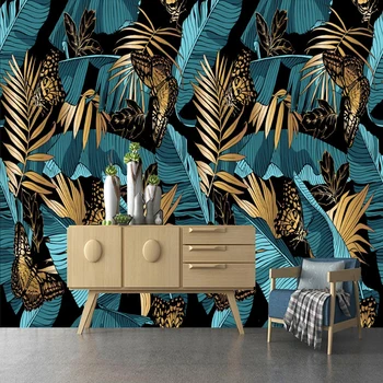 Персонализиран 3D фото тапет Абстрактно синьо злато тропическо растение банан листа стенопис стена изкуство тапет за спалня хол стени