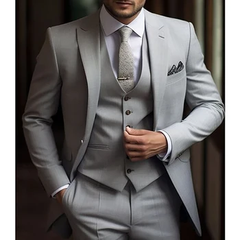 поръчкови сив връх ревера еднореден 3 парче яке панталони жилетка тънък редовна дължина луксозни мъжки костюми официален бизнес нетактичност