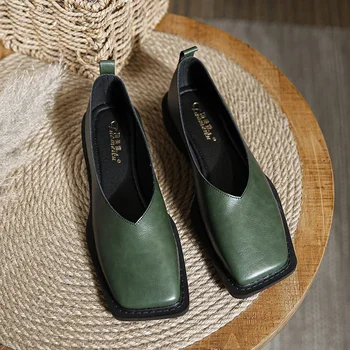 Пролет Есен Нова модна марка Дизайн Кратки квадратни обувки за жени Френски ретро универсални мокасини Големи ежедневни обувки
