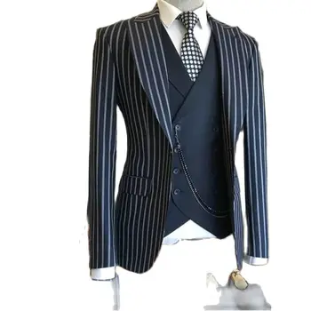 Раирани мъжки костюми Slim Fit 3 броя Персонализиран блейзър панталони Смокинги Сватбен младоженец Абитуриентски мъжки комплекти (яке + панталони + жилетка)