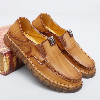 Ръчно изработени кожени мъжки ежедневни обувки Луксозен дизайнер Меки мъжки мокасини Нехлъзгащи се кафяви приплъзвания на апартаменти Мъжки мокасини голям размер 38-47