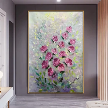 Ръчно рисувани ръчно изработени пейзажни абстрактни цъфтящи розови розови картини с маслени бои платно, за жива стая Начало декор стена висящи изкуство картина