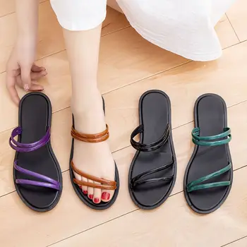 Сандали Младежки обувки за жени 2023 Отворени пръсти зелени женски чехли плоско лято на плажни пързалки Безплатна доставка, но евтини обувки B