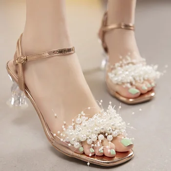 Секси дамски сандали 2023 Нова мода Open Toe глезена катарама каишка високи токчета сандали за жени прозрачни обувки женски сапатос