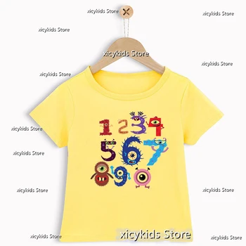 тениска за момчета/момичета Смешни числови блокове Карикатура печат Детска мода Мода Бебе момче тениска Жълт къс ръкав риза отгоре