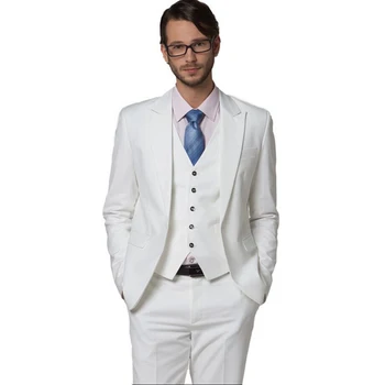 Търговия на едро Мъжко облекло Тънки костюми Бели мъжки костюми Комплекти рокли Terno Masculino костюм Terno Slim Fit младоженец износване (яке + панталони + жилетка)