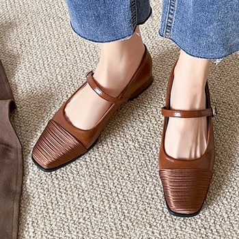 Френски ниски токчета единични обувки за жени пролет есен елегантен високи токчета комфорт случайни кожени обувки квадратни пръсти женски мокасини