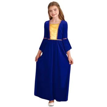 Хелоуин принцеса косплей костюм деца момичета средновековна реколта парти рокля площад врата дълъг разкроен ръкав висока талия дълга рокля