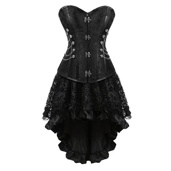 черен Steampunk корсет рокля комплект реколта готически бурлеска неправилна пола Хелоуин пиратски костюм
