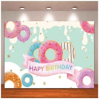 Честит рожден ден парти фотография фон понички бонбони кралство карикатура понички торта маса фон сладко момиче декорация плакат