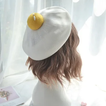 Японски жени Сладки шапки Ръчно изработена чанта яйце барета за жени пролет и есен тънки и дебели gorras сладък яйчен жълтък художник шапка
